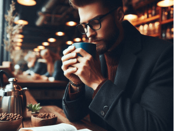 man sipping hot drink and studying